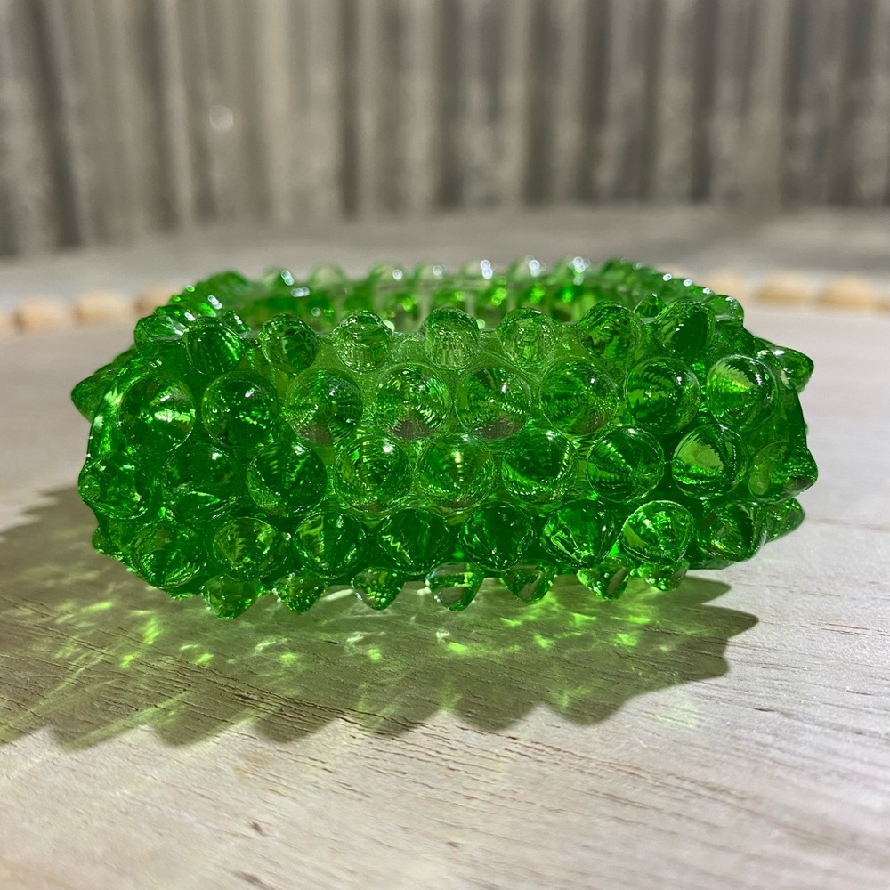FENTON - VNTG - Green Spiked Hobnail Square Glass Salt Cellar / Keepsake Dish - Picture 7 of 8